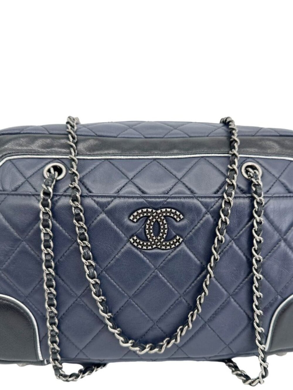 Chanel  Medium Two Tone Quilted Calfskin Leather Chain Camera Crossbody Bag Blue